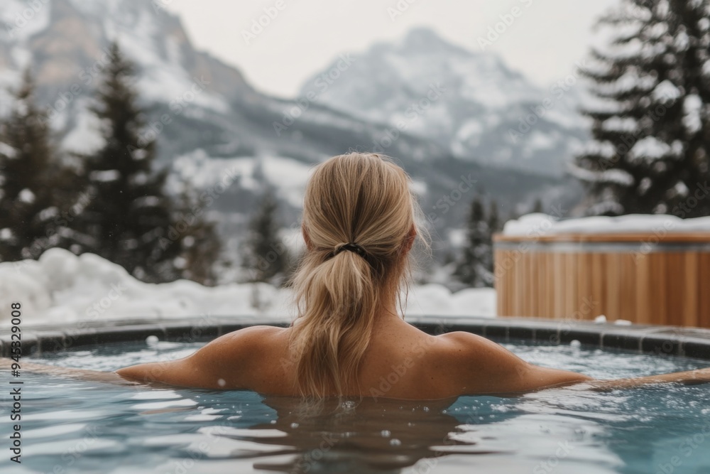 blonde woman relaxing in wooden hot tub on snowy landscape background blonde woman relaxing in wooden hot tub on snowy landscape background