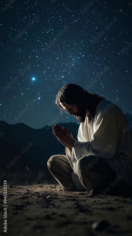 Jesus in the desert at night praying Jesus in the desert at night praying