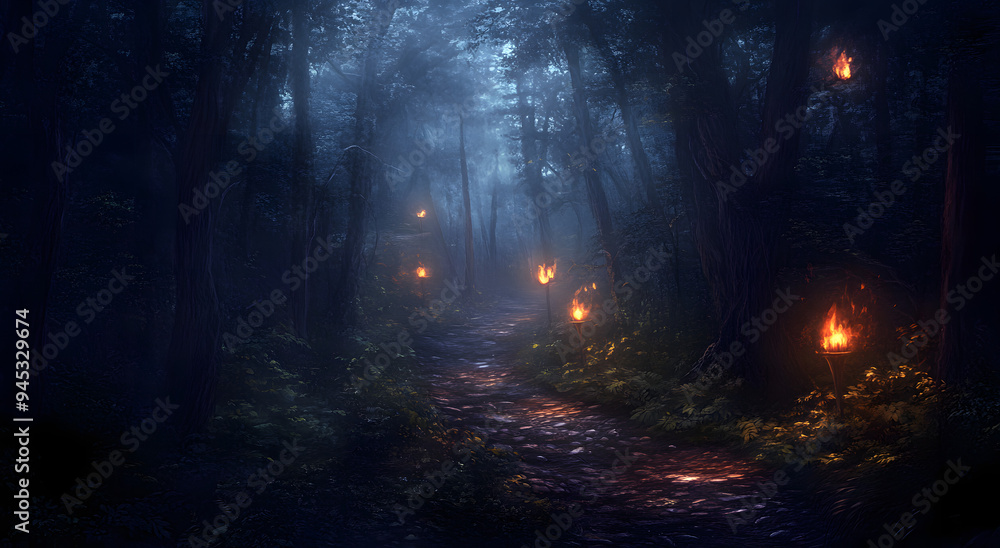 Dark Fantasy Forest, a Path in the Woods Lit by Torches
Dark Fantasy Forest, a Path in the Woods Lit by Torches
