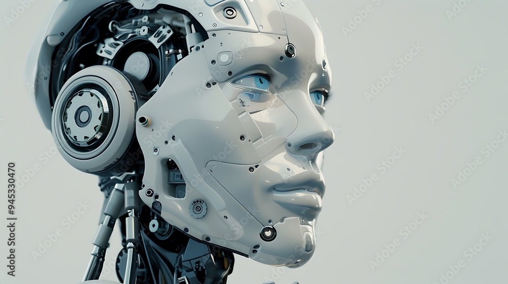 Detailed shot of a robotic face displaying expressions akin to human emotions, integrating advanced AI systems into its design, against a neutral background Detailed shot of a robotic face displaying expressions akin to human emotions, integrating advanced AI systems into its design, against a neutral background