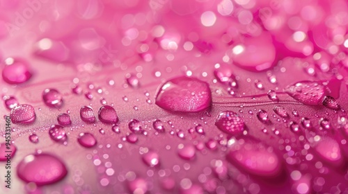 Close-up of water droplets on a pink surface with a bokeh effect. The image turns out to be dreamy and soft, embodying freshness and clarity.