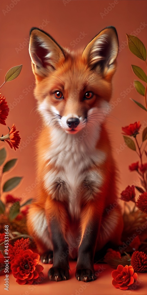 Fototapeta premium Adorable Fox Surrounded by Vibrant Autumn Flowers on Warm Background
