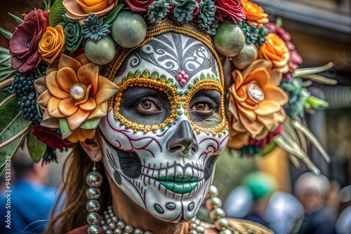 Vibrant Dia de los Muertos Makeup and Floral Headpiece