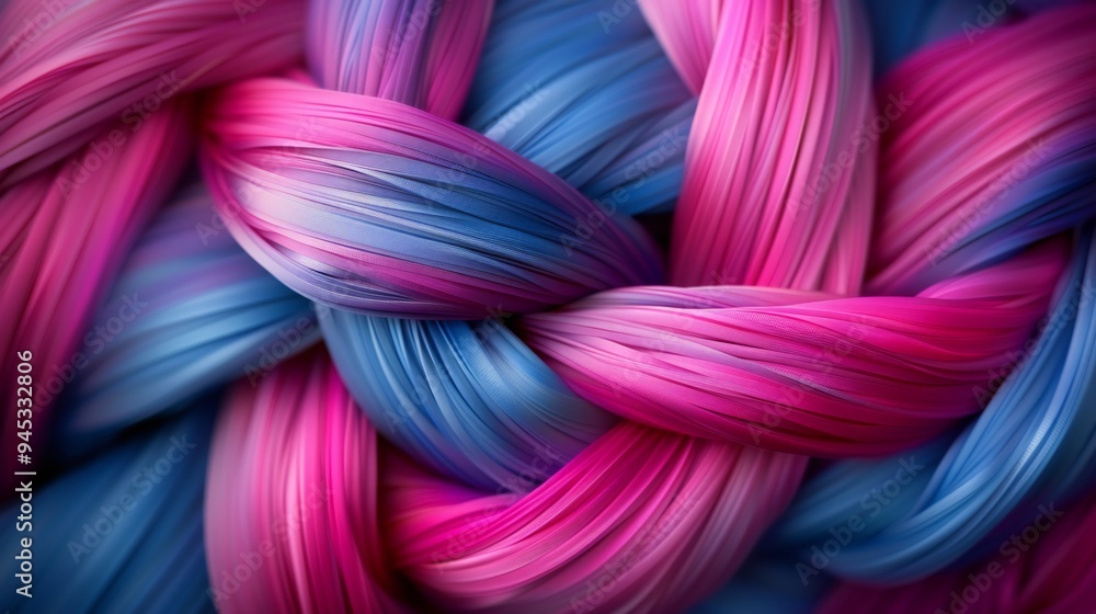 Interlaced 3D woven threads, silk fabric thread, bright cyan and magenta background, woven patterns and soft shadows. Interlaced 3D woven threads, silk fabric thread, bright cyan and magenta background, woven patterns and soft shadows.