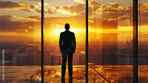 businessman close-up, in modern office, near grand glass window, sunset bathing room in golden light