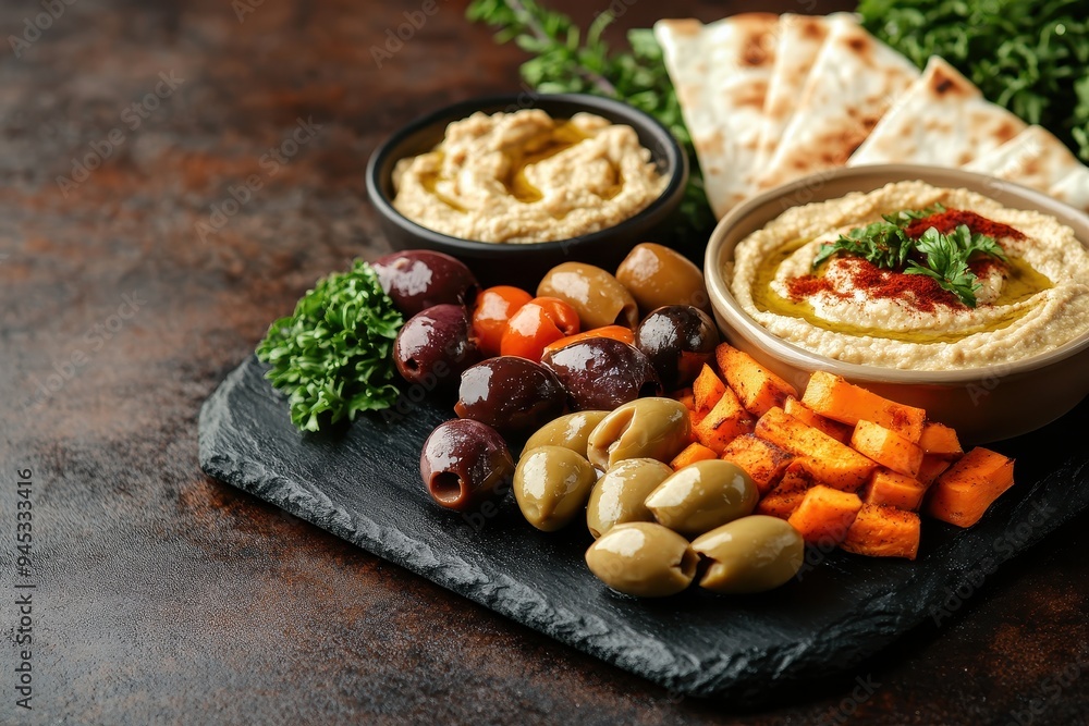 A vibrant platter featuring hummus, olives, roasted vegetables, and flatbread for sharing. A vibrant platter featuring hummus, olives, roasted vegetables, and flatbread for sharing.