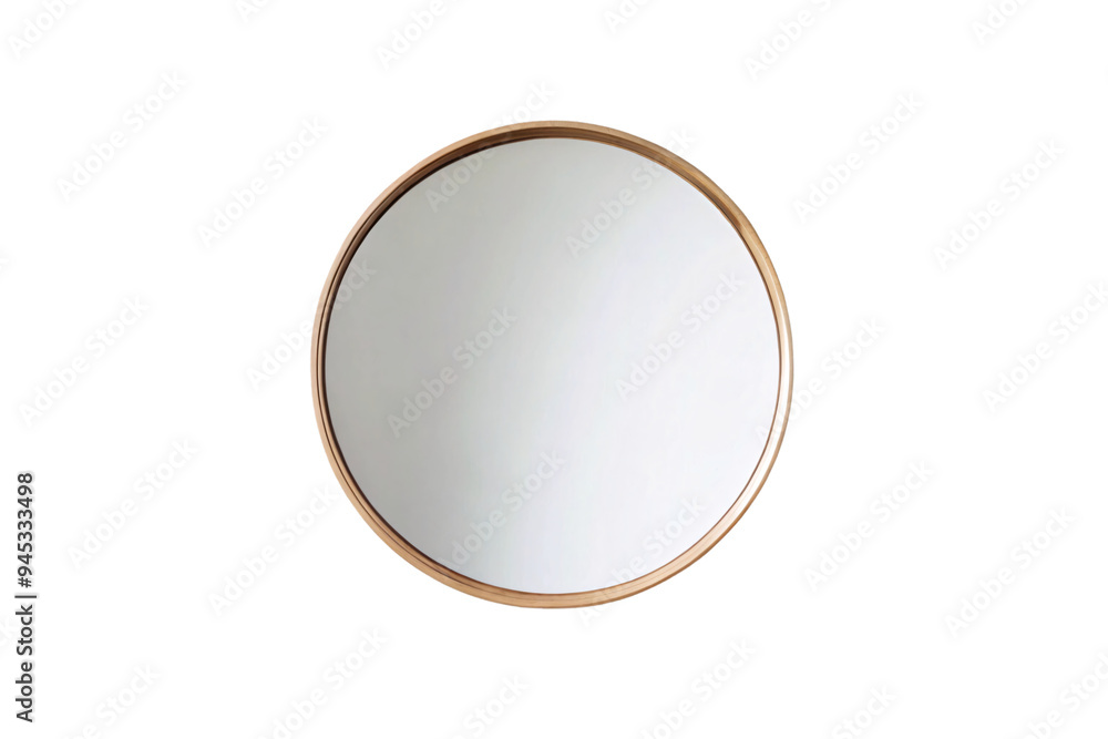 A simple, round mirror with a thin frame, reflecting a subtle light. The neutral color of the mirror contrasts gently with the transparent background A simple, round mirror with a thin frame, reflecting a subtle light. The neutral color of the mirror contrasts gently with the transparent background