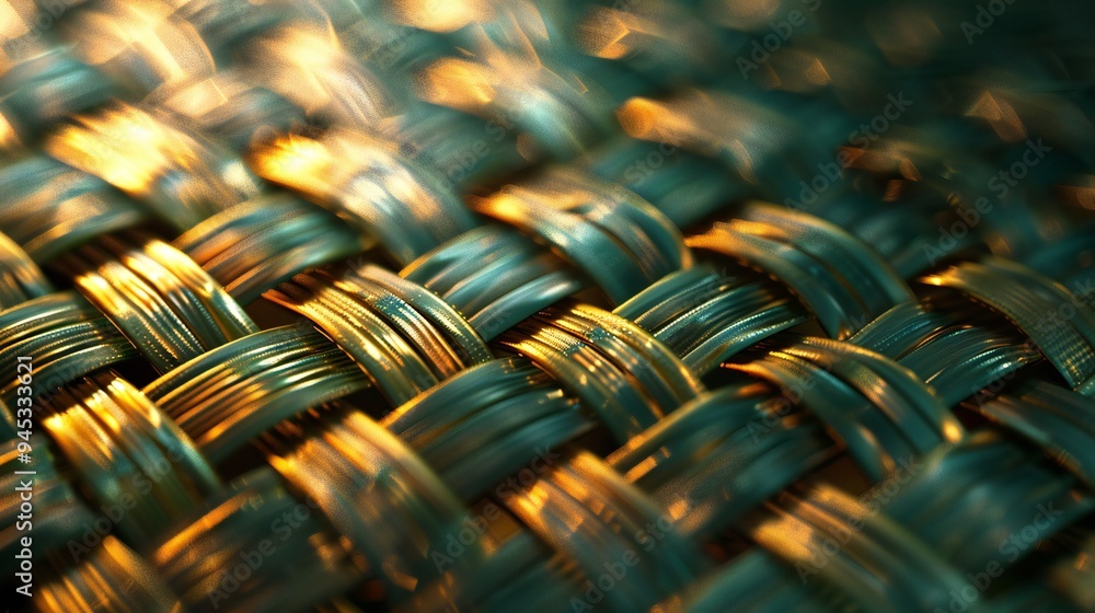 Fototapeta premium Interlocking 3D weave threads, tweed thread, fresh teal and gold background, woven patterns and soft shadows.