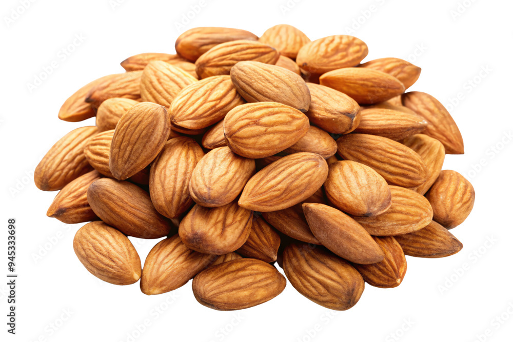 A slightly larger heap of whole almonds, emphasizing their uniformity in shape and size, ready for consumption or further processing, on a transparent background A slightly larger heap of whole almonds, emphasizing their uniformity in shape and size, ready for consumption or further processing, on a transparent background