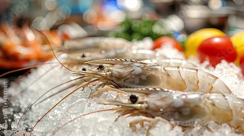 Fresh white shrimps on crushed ice for sale in market