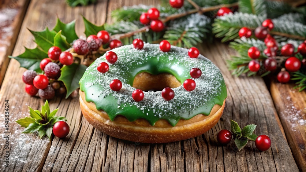Freshly frosted red and green sprinkled donut adorned with a shiny holly leaf and red berries, placed on a rustic wooden table amidst festive holiday decor. Freshly frosted red and green sprinkled donut adorned with a shiny holly leaf and red berries, placed on a rustic wooden table amidst festive holiday decor.