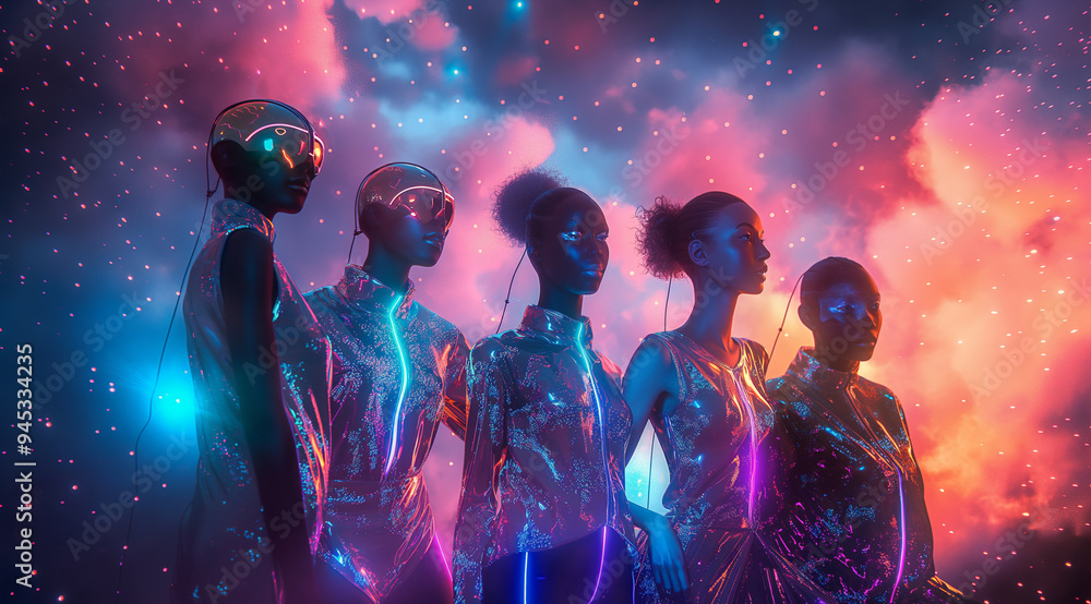 People in an atmosphere of cosmic neon light, created with the help of generative AI technology. People in an atmosphere of cosmic neon light, created with the help of generative AI technology.