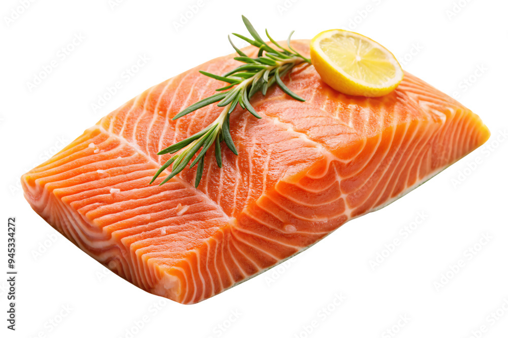 A succulent salmon fillet garnished with rosemary and a lemon slice, illustrating the harmonious pairing of fresh herbs with seafood, on a transparent background A succulent salmon fillet garnished with rosemary and a lemon slice, illustrating the harmonious pairing of fresh herbs with seafood, on a transparent background
