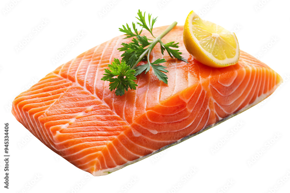 A thick salmon fillet topped with a parsley sprig and lemon wedge, emphasizing its rich, orange flesh and culinary appeal, on a transparent background A thick salmon fillet topped with a parsley sprig and lemon wedge, emphasizing its rich, orange flesh and culinary appeal, on a transparent background