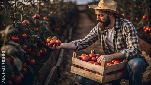 Bearded farmer harvesting fresh tomatoes in a greenhouse. He inspects ripe tomatoes while holding a wooden crate filled with the produce. Concept of organic farming, harvest, and agriculture. photo