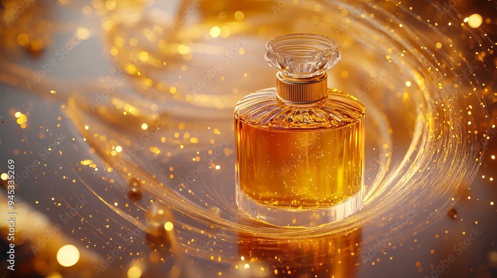 Golden perfume bottle amid swirling shimmering particles Golden perfume bottle amid swirling shimmering particles