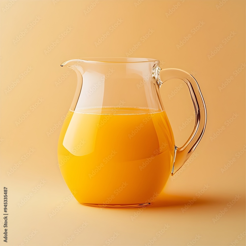 Closeup of an elegant glass pitcher filled with fresh vibrant orange juice placed at the center of a plain minimalist background The smooth sleek design and transparent container showcase the rich Closeup of an elegant glass pitcher filled with fresh vibrant orange juice placed at the center of a plain minimalist background The smooth sleek design and transparent container showcase the rich