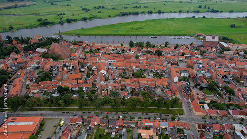 An aerial panorama view of the old town around the city Tangermunde in Germany on a summer day. photo