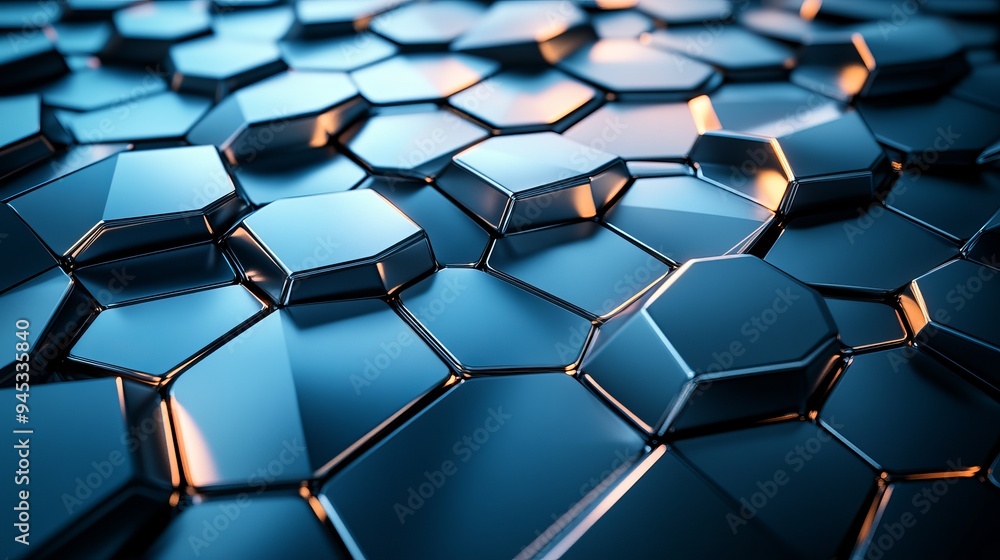 Abstract metallic hexagonal pattern on a reflective surface in dim light Abstract metallic hexagonal pattern on a reflective surface in dim light