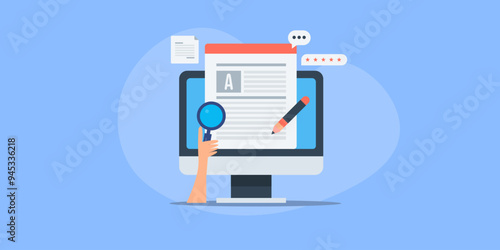 Content research and writing, publishing article blog on web and social media, conceptual vector illustration.