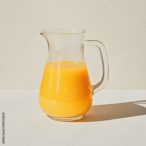 Minimalist and clean image of a glass pitcher filled with fresh orange juice placed at the center of a plain simple surface The transparent glass container showcases the vibrant citrus beverage