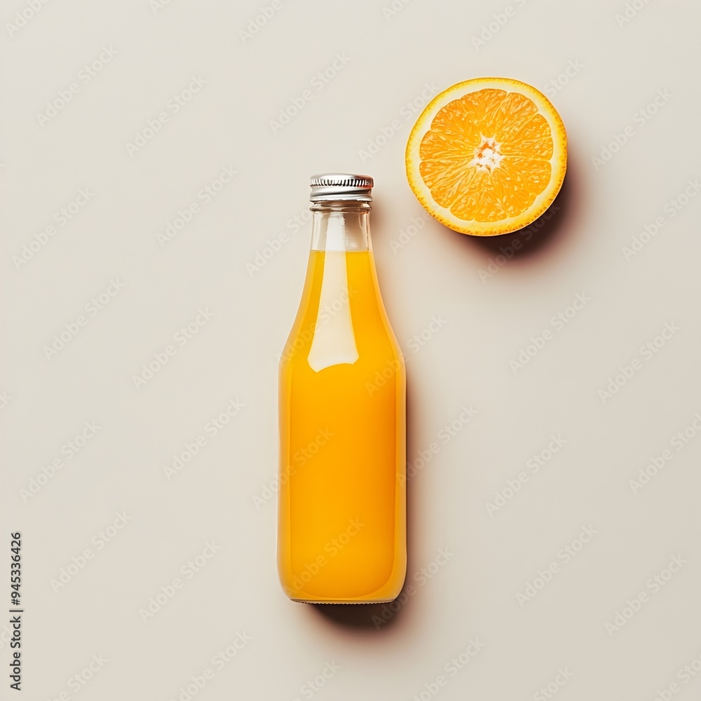Closeup of a single bottle of freshly squeezed orange juice centered and isolated on a plain white background Closeup of a single bottle of freshly squeezed orange juice centered and isolated on a plain white background