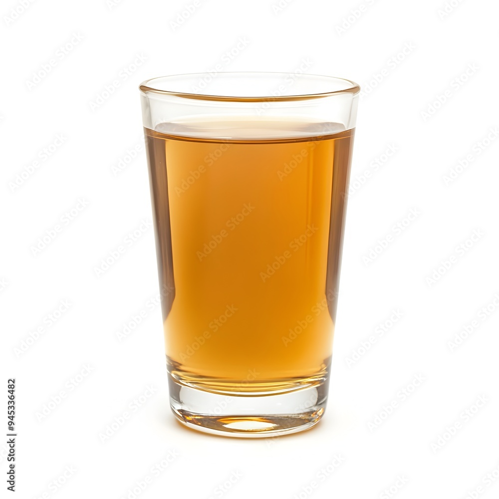 Closeup of a glass filled with clear golden colored apple juice positioned centrally on a plain white background The drink appears fresh healthy and inviting Closeup of a glass filled with clear golden colored apple juice positioned centrally on a plain white background The drink appears fresh healthy and inviting