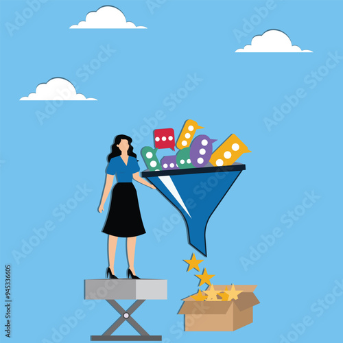 Woman using funnel with speech bubbles makes star