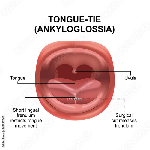 Tongue-Tie (Ankyloglossia) on baby's tongue illustration photo