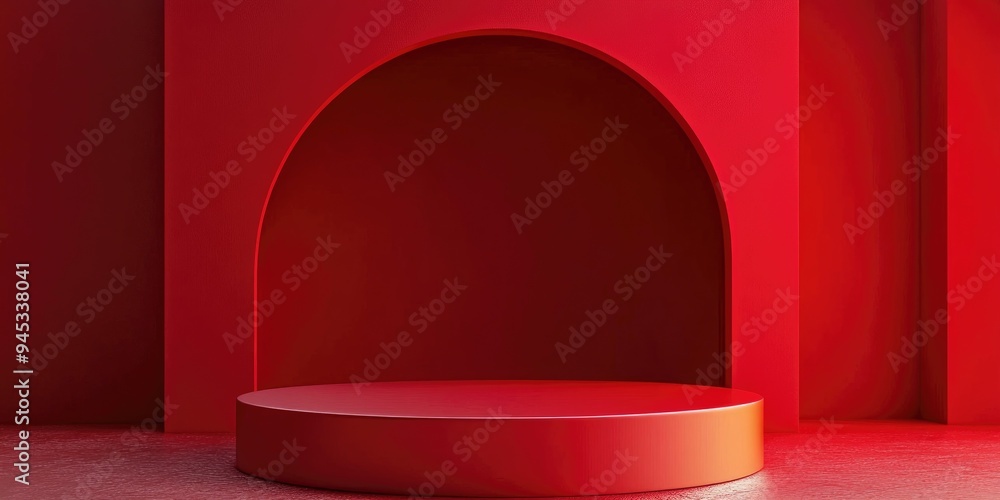 3D rendering of a modern red realistic cylindrical pedestal stage or product display with a semi circle geometric backdrop Abstract template for creative product showcasing 3D rendering of a modern red realistic cylindrical pedestal stage or product display with a semi circle geometric backdrop Abstract template for creative product showcasing