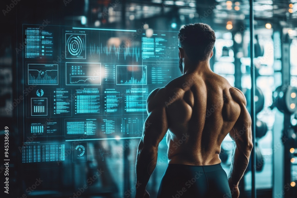 A man with a muscular back is standing in front of a computer monitor displaying A man with a muscular back is standing in front of a computer monitor displaying