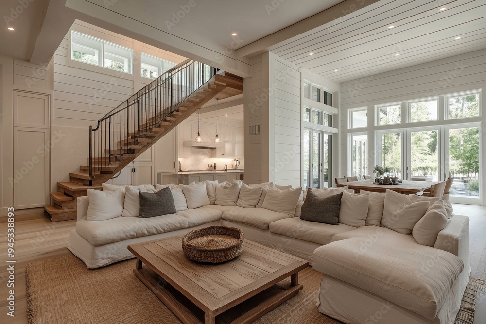 Farmhouse modern living room with wooden staircase Farmhouse modern living room with wooden staircase