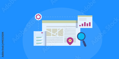 Website SEO for local business, web traffic analytics and visibility on search engine page, map location conceptual information technology vector illustration.