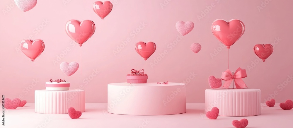 3D rendering featuring a pink background with three podiums designed for displaying products such as cosmetics food drinks or technical tools all themed around a Valentine s Day concept 3D rendering featuring a pink background with three podiums designed for displaying products such as cosmetics food drinks or technical tools all themed around a Valentine s Day concept