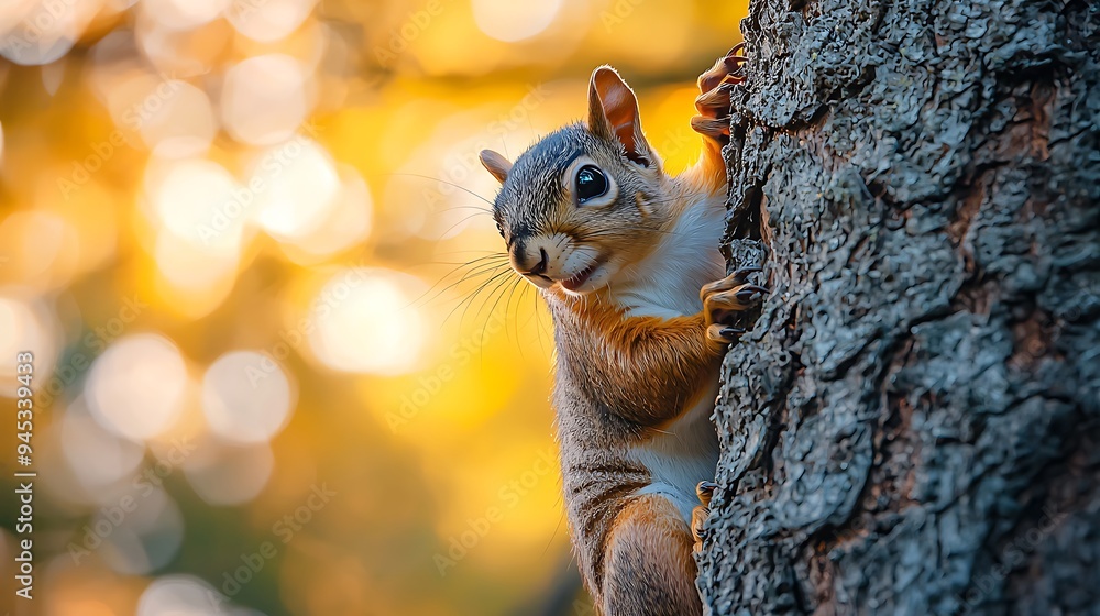 A cute squirrel scurries up a tree trunk, the autumn background softly blurred behind it. A cute squirrel scurries up a tree trunk, the autumn background softly blurred behind it.