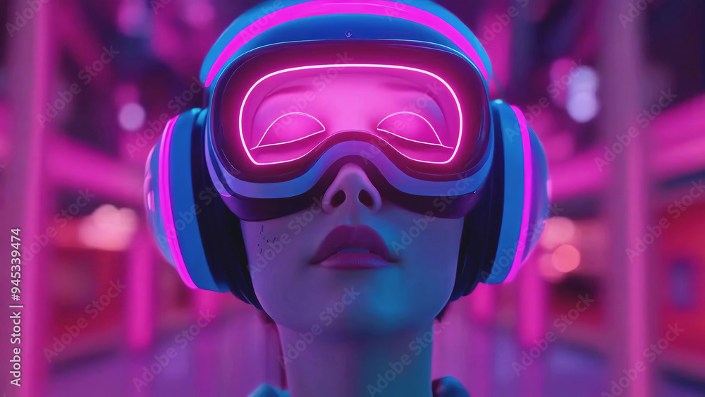 Close-up portrait of a person wearing a virtual reality headset in blue and purple neon lighting, symbolizing immersive technology and futuristic experiences new stock image illustration AI Close-up portrait of a person wearing a virtual reality headset in blue and purple neon lighting, symbolizing immersive technology and futuristic experiences new stock image illustration AI