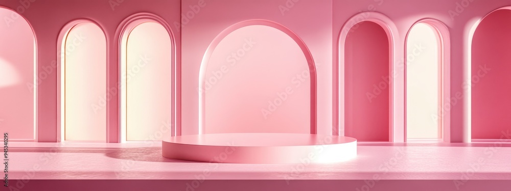 3D rendering of a minimalist scene showcasing elegant summer products The composition features simple shapes arches and circles in the backdrop complemented by a minimal podium with a modern textu 3D rendering of a minimalist scene showcasing elegant summer products The composition features simple shapes arches and circles in the backdrop complemented by a minimal podium with a modern textu