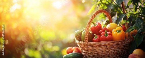 A basket of fresh vegetables in a sunny garden. Tomatoes, bell peppers, and cucumbers harvested and displayed against a vibrant natural background.
