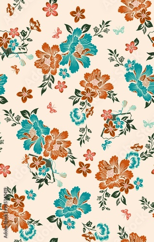 Bright Floral Pattern with Orange and Green Flowers on White Beige Background