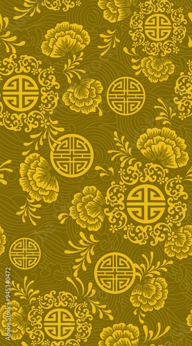 Traditional Vietnamese Pattern with Yellow Floral and Symbolic Elements