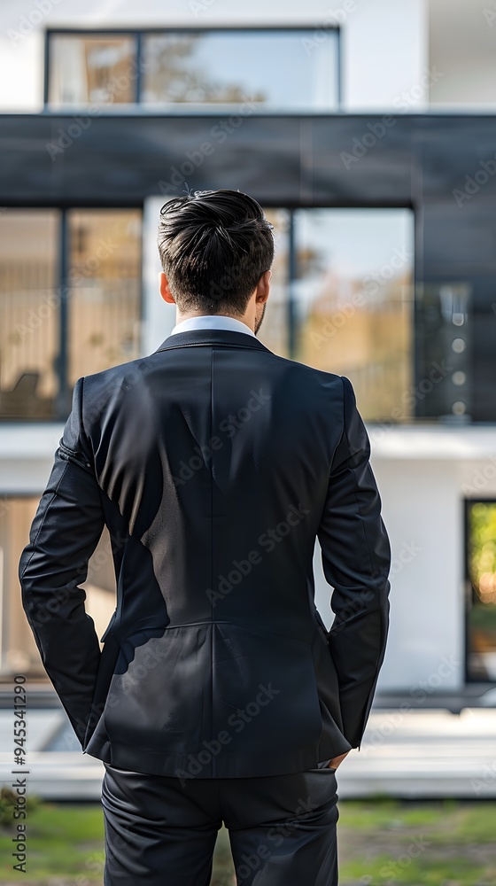 A real estate agent wearing a suit, standing in front of a modern house, looking at the building.
