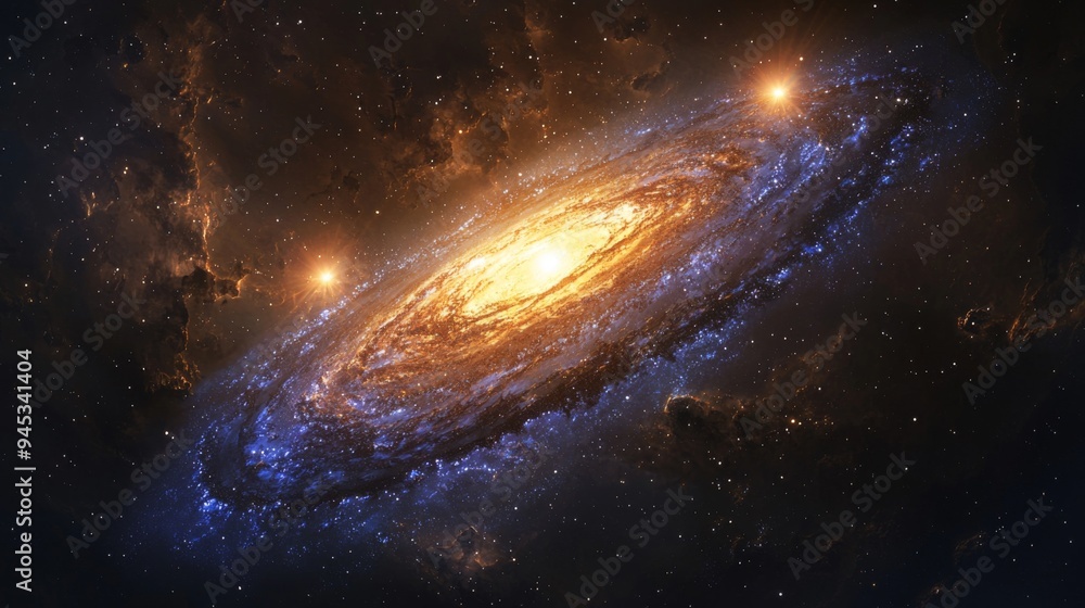 Fototapeta premium Galaxy with Binary Stars : Close-up of a galaxy illuminated by two bright binary stars at its core