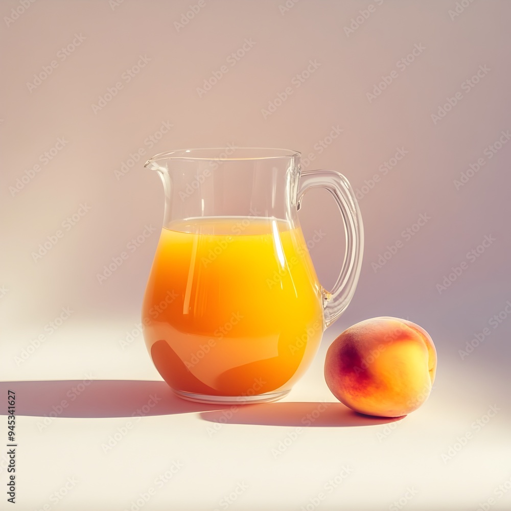 A photograph of a glass pitcher filled with vibrant peach juice placed at the center of a plain surface The transparent container allows the golden hue of the fresh sweet liquid to shine A photograph of a glass pitcher filled with vibrant peach juice placed at the center of a plain surface The transparent container allows the golden hue of the fresh sweet liquid to shine