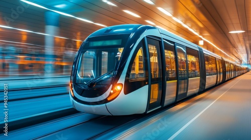 Modern high-speed tram in motion at a well-lit station, representing urban transportation and advanced public transit systems at night.