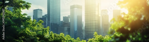 Modern cityscape with high-rise buildings surrounded by lush green trees and foliage, bathed in warm sunlight.