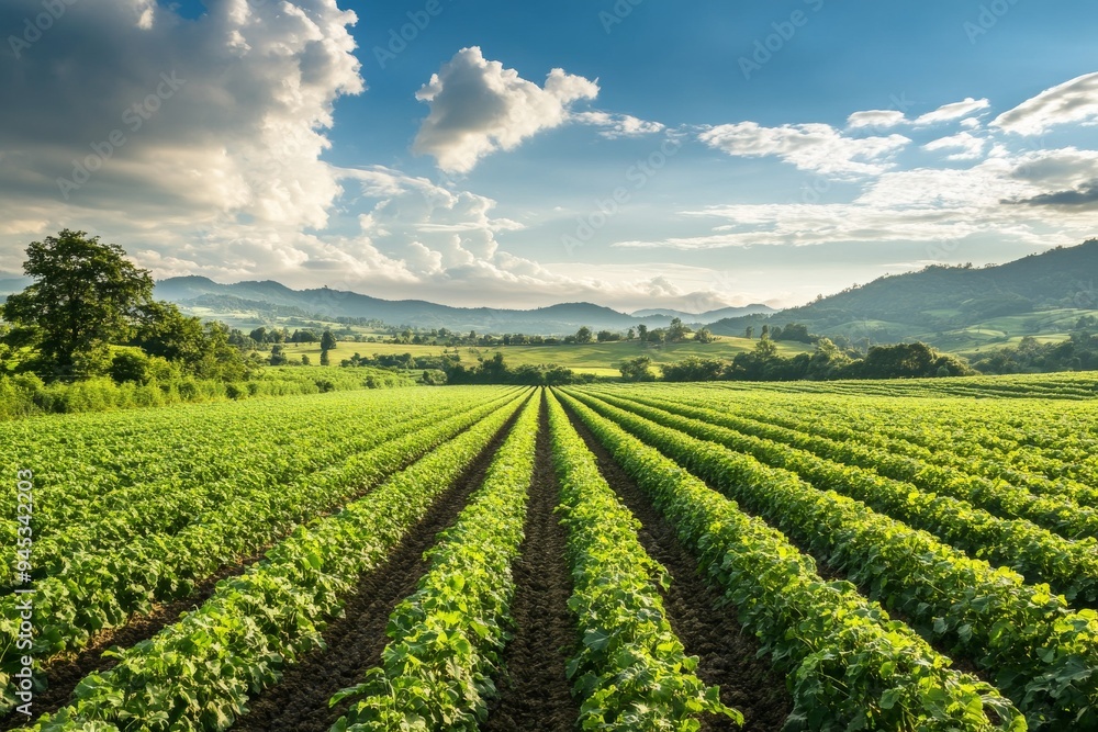 Scenic view of green crops growing in a vast open field with mountains and cloudy sky in the background, showcasing agricultural beauty. Scenic view of green crops growing in a vast open field with mountains and cloudy sky in the background, showcasing agricultural beauty.