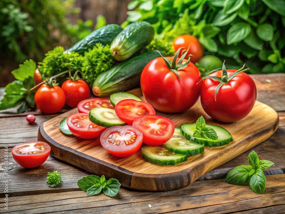 Freshly washed and sliced tomatoes and cucumbers arranged artfully on a rustic wooden cutting board, surrounded by crisp green leaves and a subtle kitchen backdrop. Freshly washed and sliced tomatoes and cucumbers arranged artfully on a rustic wooden cutting board, surrounded by crisp green leaves and a subtle kitchen backdrop.