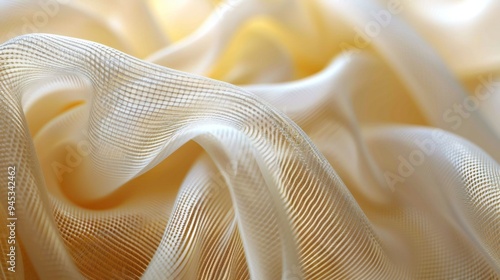 Satin fabric macro shot of threads, peaceful rhythms, pale yellow and ivory hues, intricate interlacing, smooth texture.