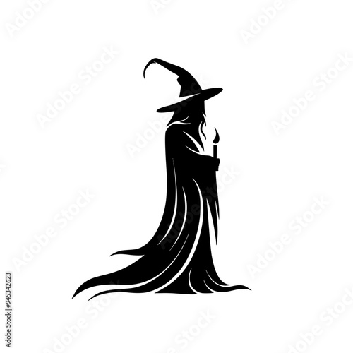Silhouette of Mysterious Wizard Holding Staff, Black silhouette of a wizard wearing a pointed hat and holding a staff, evoking a magical and mystical atmosphere.
