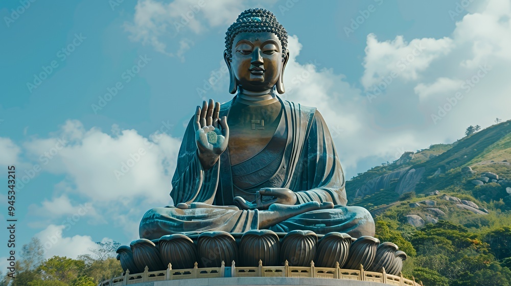 Fototapeta premium A large statue of Buddha seated in a peaceful pose against a backdrop of mountains and clouds.